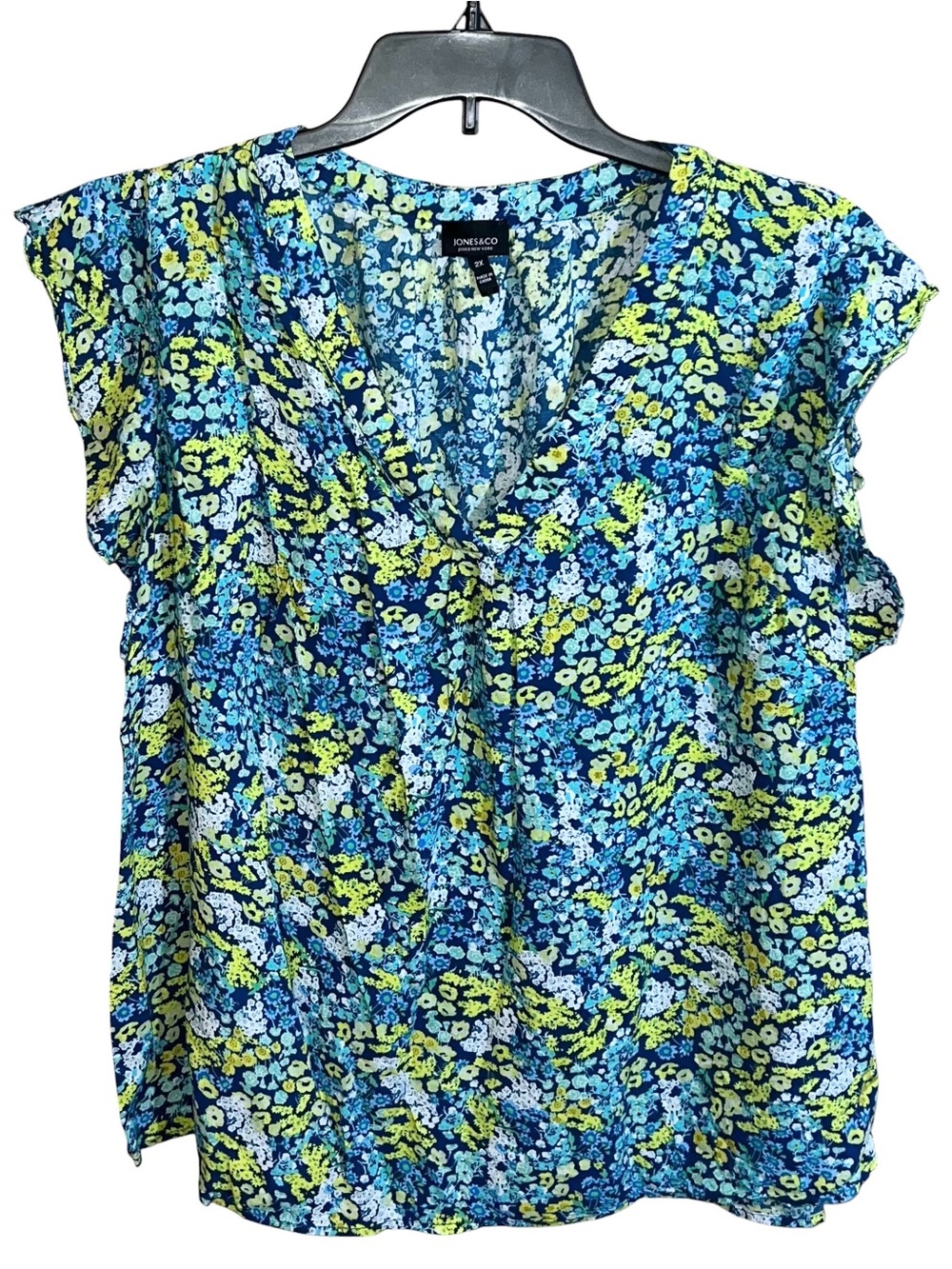 Jones & Co Sleeveless Floral Shirt Women’s 2X Blue Yellow White Green